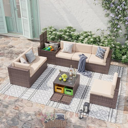 Aoxun 8 Piece Patio Furniture Set, Wicker Outdoor Furniture with Large Storage Table, Patio Conversation Sets with Waterproof Cover, Outdoor Sectional Sofas for Backyard Garden(Brown/Khaki)
