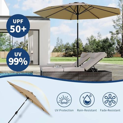 Garvee 9FT Patio Umbrella - Outdoor Table Umbrella with Crank Lift & Push Button Tilt - Market Umbrella 8 Sturdy Ribs UV Protection for Pool, Deck, Yard, Garden, Tan