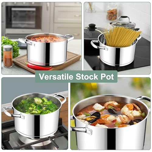 E-far Stainless Steel Stockpot, 5 Quart Pot with Glass Lid for Soup Pasta, Induction Nontoxic Cooking Pot for All Stoves, Thick Tri-Ply Bottom & Double Riveted Handle, Oven & Dishwasher Safe