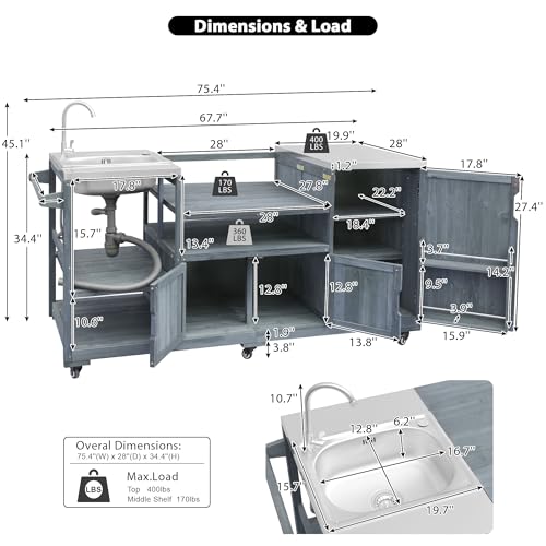 Oevsld 75.4" Outdoor Kitchen Island with Sink,Solid Wood Grill Cart for XL Big Green Egg,Rolling Outdoor Prep Station with Stainless Steel Top and Storage Cabinet. (Grey+Blue)
