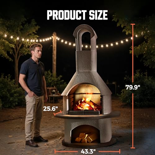 BIG HORN PRIME Concrete Outdoor Fireplace with Grill, Wood Burning Fireplace with Wood Storage and Chimney, Include Grill Rack & Charcoal Pan, 79.9”H