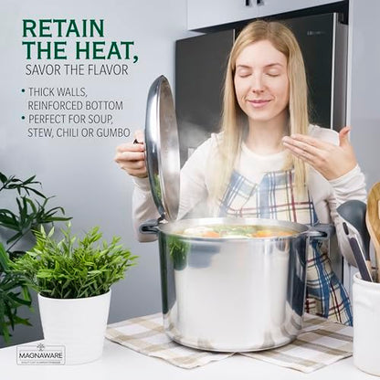 MAGNAWARE 18 Quart Cast Aluminum Large Stock Pot with Lid - Durable & Lightweight Soup Pot with Even Heat Distribution & Retention - Professional Cookware Stockpot with Silicone Handle
