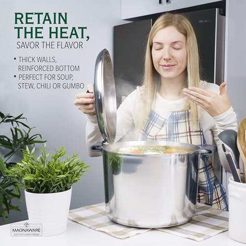 MAGNAWARE 14 Quart Cast Aluminum Stock Pot with Lid - Durable & Lightweight Soup Pot with Even Heat Distribution & Retention - Professional Cookware Stockpot with Silicone Handle Covers