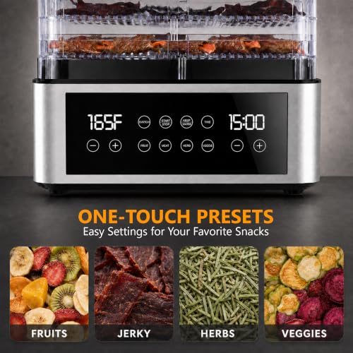 Food Dehydrator Machine with One-Touch Food Presets, 5 Stackable Drying Trays, 48H Digital Timer, 95-167°F Temperature Control, Compact BPA-Free Dehydrator for Jerky, Fruit, Herbs & Dog Treats
