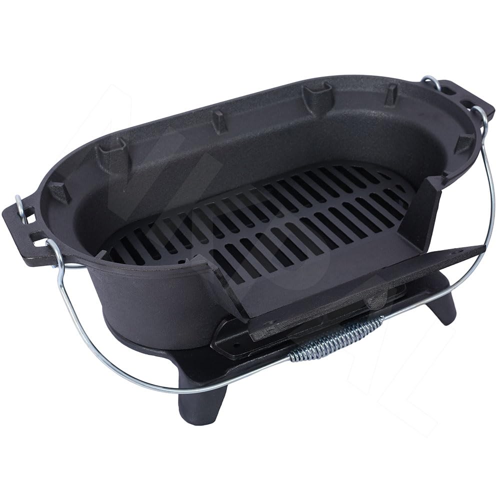 Outdoor Cast Iron Hibachi Grill & Skillet Combo, Premium Portable Hibachi Charcoal Grill, Bbq Cooker for Camping, Tailgating & Patio Grilling, Compact Tabletop Skillet, Must Haves 2025 (Oval)