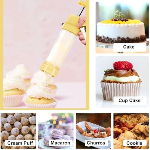 Cookie Press, Spritz Cookie Press for Baking, Thicken Cookies Press Gun Kit with 16 Discs and 6 Icing Tips, Suitable for DIY Cookies Maker and Cake Icing(Yellow)
