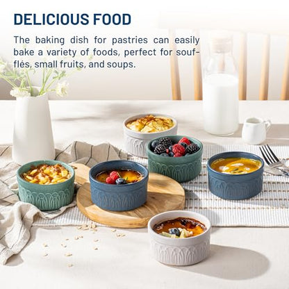 DAFUCERAMIC Ramekins 8 Oz Oven Safe, Ceramic Creme Brulee Souffle Dishes, Pudding Custard Cups Ramekin For Baking, Small Dipping Sauce Bowls, Set of 6, Microwave and Dishwasher Safe (Assorted Neutrals)