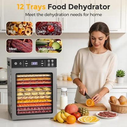 Suteck 12-Tray Food Dehydrator, 800W Dehydrator Machine with Stainless Steel Trays, Dual Fans & 360° Airflow, Digital Temp & Timer Control with 4 Presets, Quiet Dryer for Jerky, Fruit, Meat, Herbs
