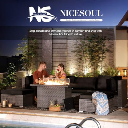 NICESOUL 15 Piece Outdoor Sectional with Fire Pit Table, Modern Luxury Patio Deep Seating w/Firepit, 29.3'' High-Back Wicker Couch Thick, Big High-Weight Capacity Sofa for Terrace, Yard, Gray & Black