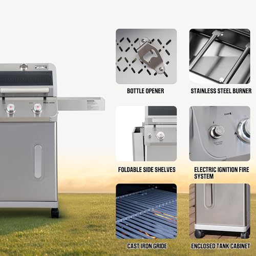Monument Grills 2-Burner Stainless Steel Liquid Propane Gas Grill, Two Foldable Shelves Patio Garden Barbecue Grill with Clearview® Lid, Knob Control Mesa200S