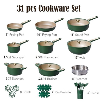 CAROTE Pots and Pans Set Non stick, Cookware Set, 31pcs NonStick Kitchen Set Induction Cookware Non-toxic Cooking Set, Green