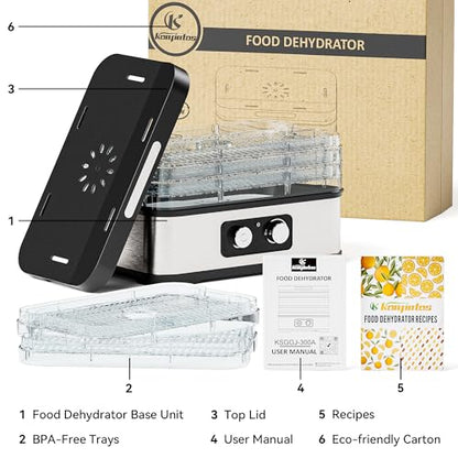 Konfintos Compact Food Dehydrator Machine for Jerky & Fruit, 250W Small Food Dryer, 5 Stackable BPA-Free Trays with Temperature Control for Beef and Deer Jerky, Mushroom, Herbs & Pet Treats, 72H Max