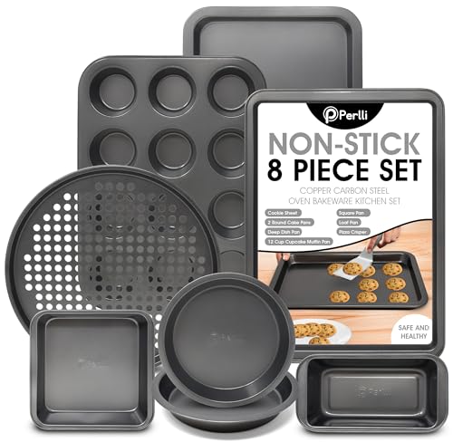 PERLLI Non-Stick 8-Piece Bakeware Set – Carbon Steel with Even Heat Distribution, Oven Safe to 446°F, BPA-Free, Dishwasher Safe, Stackable Baking Tools for Easy Storage and Everyday Cooking - Gray