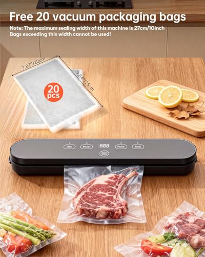 Vacuum Sealer Machine, 75kPa Suction Power, Compact Vacuum Sealer for Food, 4-in-1 Food Sealer, Digital Timer, Moist/Dry, Pulse, Seal Modes, with 20 Vacuum Bags, Black