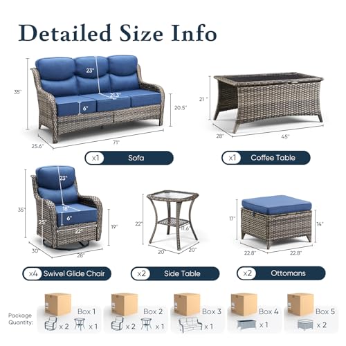 Belord Luxury 6" Thick Cushioned 10 Pieces Patio Furniture Set with Outdoor Couch, Wicker Outdoor Conversation Set with High Back Swivel Rocker Chairs for Deck Porch Yard and Poolside - Grey+Blue