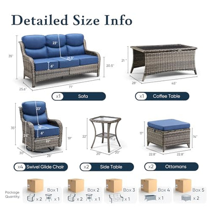 Belord Luxury 6" Thick Cushioned 10 Pieces Patio Furniture Set with Outdoor Couch, Wicker Outdoor Conversation Set with High Back Swivel Rocker Chairs for Deck Porch Yard and Poolside - Grey+Blue