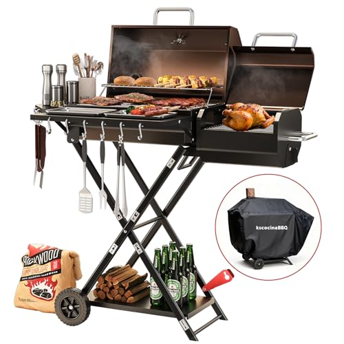 kscocinaBBQ Portable Charcoal Grill with Smoking Function, Foldable Suitcase Design with Wheels, Multi-Tier Storage Rack & Waterproof Cover for Outdoor BBQ Parties (Khaki)