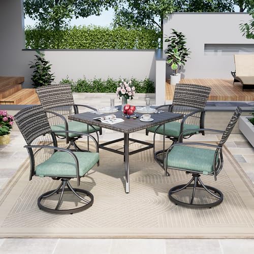 Pamapic 5-Piece Outdoor Dining Set with Swivel Chairs, Rattan Patio Furniture for Backyard, Deck, Garden, Weather-Resistant Iron Slats Table & 4 Chairs with Removable Cushions (Green)