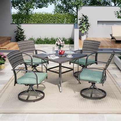 Pamapic 5-Piece Outdoor Dining Set with Swivel Chairs, Rattan Patio Furniture for Backyard, Deck, Garden, Weather-Resistant Iron Slats Table & 4 Chairs with Removable Cushions (Green)