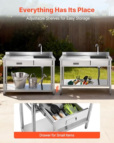 VEVOR Stainless Steel Utility Sink, Rolling Single Bowl Commercial Kitchen Sink with Drawer, Faucet and Hot & Cold Water Pipe, Utility Basin for Garage, Restaurant, Laundry, 47.2 x 19.7 x 37 in