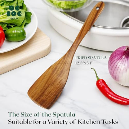 Bkiok Wooden Spatula for Cooking, Handmade Wooden Kitchen Utensil, Teak Wood Turner Flat Frying Spatula for Nonstick Cookware