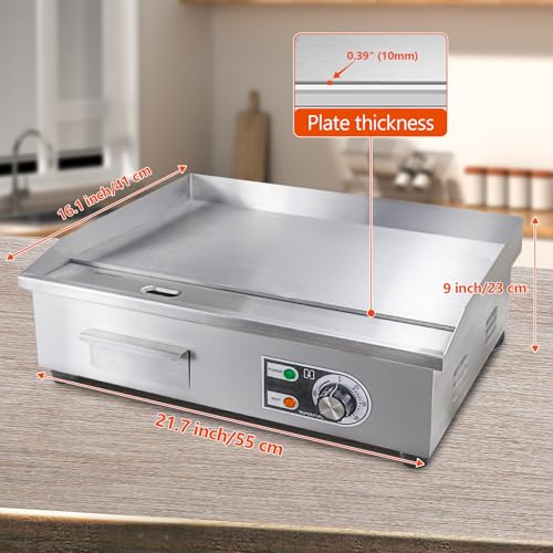 ExGizmo 22" Commercial Electric Griddle,Electric Countertop Flat Top Griddle,110V 1600W Electric Flat Top Grill,Non-Stick Restaurant Teppanyaki Stainless Steel Grill,Adjustable Temperature Control