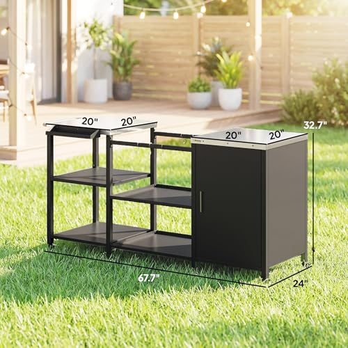 Outsunny Grill Table for Big Green Egg Grill, Heavy Duty Metal BBQ Prep Table with Stainless Steel Top, Storage Cabinet, Spice Rack, Paper Towel Rack, Outdoor Kitchen Island with Wheels, Hooks, Handle