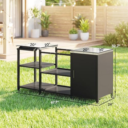 Outsunny Grill Table for Big Green Egg Grill, Heavy Duty Metal BBQ Prep Table with Stainless Steel Top, Storage Cabinet, Spice Rack, Paper Towel Rack, Outdoor Kitchen Island with Wheels, Hooks, Handle