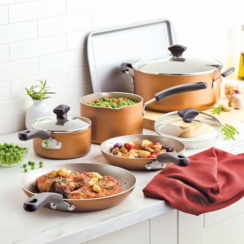 Farberware Cookstart Aluminum DiamondMax Nonstick Cookware Set, Kitchen Essentials, 15-Piece, Copper