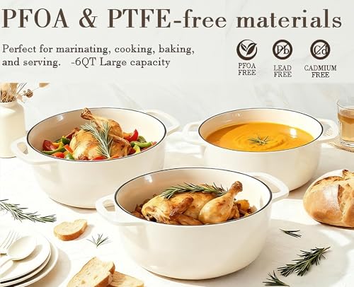 Umite Chef 6QT Enameled Cast Iron Dutch Oven with Lid, Versatile Heavy-Duty Cookware Pot for Baking Bread, Braising, Soups & Stews, Oven & Stovetop Safe with Heat Resistant Gloves（Cream White）