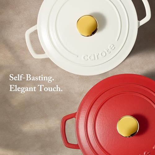 CAROTE Enameled Cast Iron Dutch Oven Pot with Lid, 4 QT Dutch Ovens, Heavy-Duty Cast Iron Pot for Sourdough Bread Baking, Braising, Stews, Roasting, Healthy & Non-Toxic, Dual Handles, All Stovetop Compatible, Oven Safe up to 500° F, Red