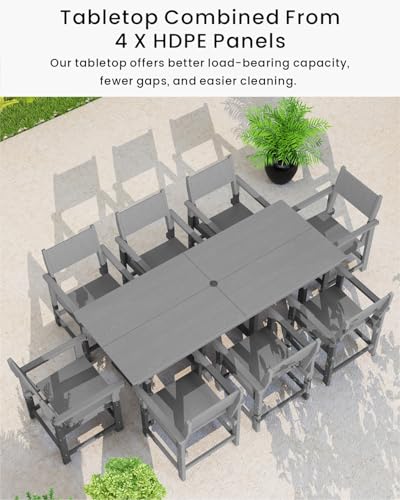 BIVODA 9-Piece Outdoor Dining Set, HDPE Weatherproof Patio Table and Chairs Set for 8, Outdoor Patio Furniture Sets with Umbrella Hole for Outside, Deck, Backyard, Garden (Grey)