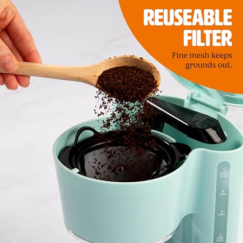 Tasty 5-Cup Coffee Maker with Auto Pause & Pour, Reusable Filter, Easy View Water Reservoir and Warming Plate, Glass Carafe, Compact Brew & Drip Coffee Maker, 5-Cup, Aqua