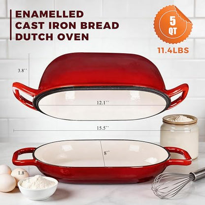 GdnWings Oval Dutch Oven for Bread Baking, 12 x 8 Inch Cast Iron Bread Oven for homemade bread, Sourdough Dutch Oven Bread baking Pan for a Crispy Crust, 5QT, Cherry
