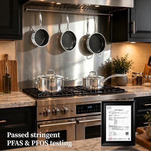 Deluxe 13 Piece Hybrid Ceramic Nonstick Stainless Steel Cookware Set-5 Piece Frying Pan Set, 6 PC Pot Set, 3.7QT Deep Sauté Pan&Lid, Induction Ready, Stay Cool, PFOA Free Compatible with All Cooktops
