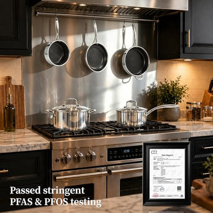 Deluxe 13 Piece Hybrid Ceramic Nonstick Stainless Steel Cookware Set-5 Piece Frying Pan Set, 6 PC Pot Set, 3.7QT Deep Sauté Pan&Lid, Induction Ready, Stay Cool, PFOA Free Compatible with All Cooktops