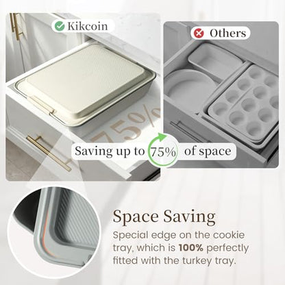 Kikcoin 25 PCS Stackable Baking Pans Set, Non-stick Bakeware Sets with Silicone Handles, 450°F Oven Safe Cookie Sheets for Baking, Easy Release Heavy-duty Baking Sheets Non Stick, Cream
