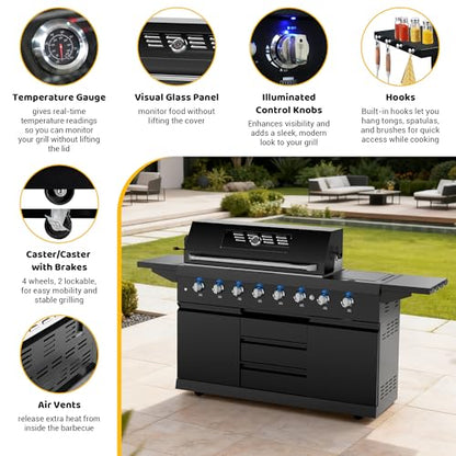 CT Copper Tailor 83-inch Outdoor Kitchen BBQ Gas Grill Island, 6 Main Burners, Infrared Rear & Side Burner,99,000 BTU, Stainless Steel, Foldable Side Table, Double Storage Cabinets & 3 Drawers