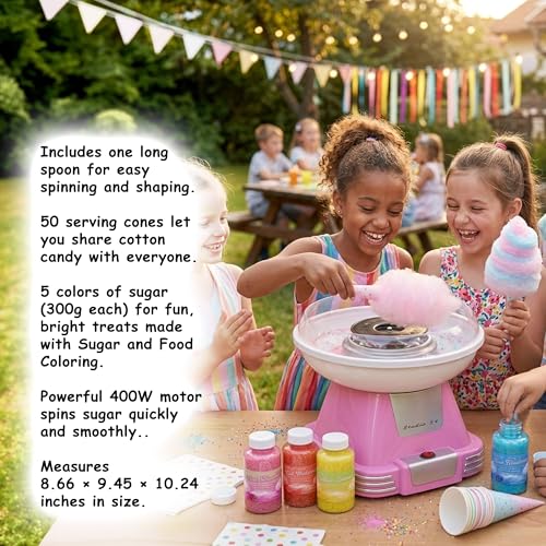 Studio 54 Retro Cotton Candy Machine with 5 Jars (11oz Each) Floss Sugar, 50 Paper Cones, Easy Cleanup Cotton Candy Maker, Durable Retro Design, Makes 20–30 Servings per Jar, BPA & Lead Free