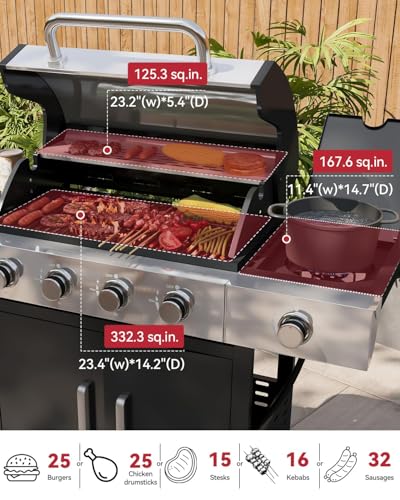Aoxun 4-Burner Propane Grill with Side Burner, 49000 BTU Gas Grill, Stainless Steel Outdoor Grill with Cast Iron Grates & Side Tables for Backyard, Patio, Camping，Black
