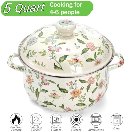 Jucoan 5 Quart Enamel Stockpot with Lid, Green Floral Enamelware Cooking Pot with Dual Handles for Stovetop, Large Soup Pot Potpourri Simmer Pot Gift for Housewarming Bridal Shower Mother's Day