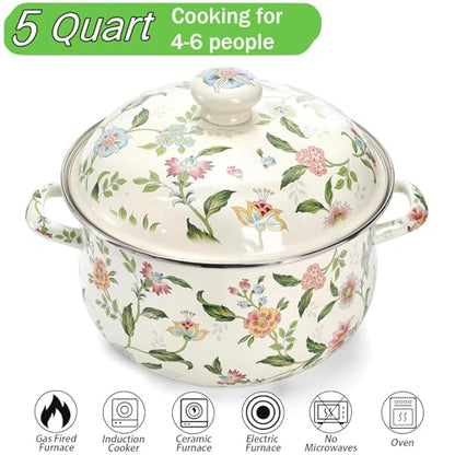 Jucoan 5 Quart Enamel Stockpot with Lid, Green Floral Enamelware Cooking Pot with Dual Handles for Stovetop, Large Soup Pot Potpourri Simmer Pot Gift for Housewarming Bridal Shower Mother's Day