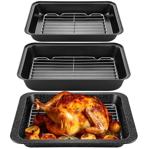 LOYIM 6 Pcs Roasting Pan with Rack Set 14/13/12" Stainless Steel Cookie Baking Sheet Pan and Flat Rack Baking Pans Sets Nonstick for Oven Cooking Roasting Kitchen Cookware
