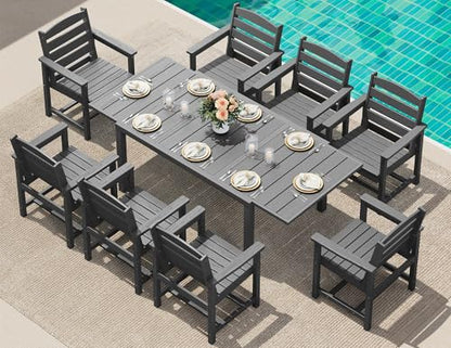 SERWALL 9-Piece Outdoor Dining Set, 60" - 83" Expandable Outdoor Dining Table and 8 HDPE Chairs, All Weather HDPE Outdoor Furniture Set for Backyard, Garden, Grey