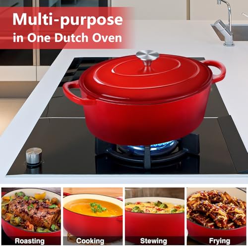 P&P CHEF Oval Dutch Oven with Lid, Enameled Cast Dutch Oven Pot for Bread Baking, Braising, Stewing, Roasting, Non-Stick & Oven Safe, Dual Handles & Easy Clean, 7QT & Red, Valentine's Day