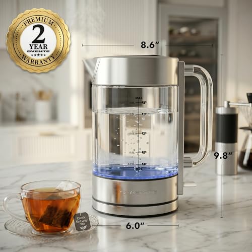 OVENTE 1.8L Glass Electric Kettle Water Boiler, Silver KG911S