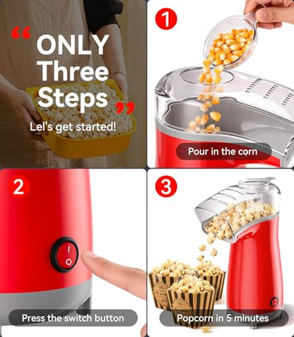 5.0Health Upgrade - Popcorn Machine,Butter Melter.3-Minute Quick Po Pcorn Popcorn maker,Oil-Free And EasyTo Clean. Air Popcorn Machine - Perfect For Family Movie Nights And Kids' Parties,Bright red