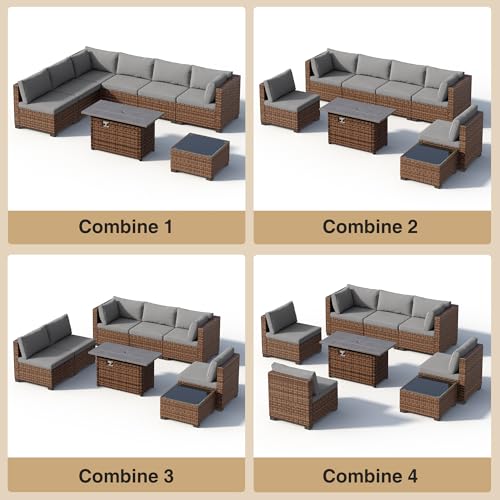 Qsun 8 Pieces Outdoor Patio Furniture Set with 44.9" Fire Pit Table, All-Weather Wicker Outdoor Patio Sectional Set with Coffee Table, for Garden, Backyard, Grey