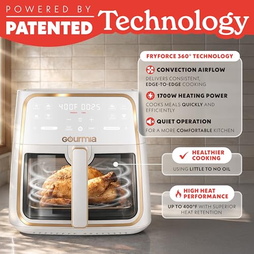 Gourmia 8 Qt Air Fryer, 8 Presets with Digital Display, FryForce 360° Technology, Easy View Window & Interior Light, Dishwasher Safe Basket, White