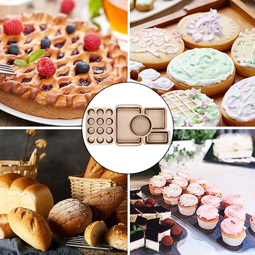 Nonstick Baking Pans Set, 5-Piece Kitchen Baking Sheets for Oven, Bakeware Sets with Round/Square Cake Pan, Muffin Pan, Loaf Pan, Roast Pan, mobzio Cookie Sheet Set Baking Supplies (Champagne Gold)
